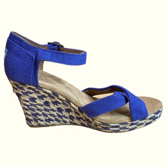 Toms blue cream mixed rope wedges woven mid sole suede leather uppers size 8.5 - Picture 3 of 8